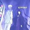 Sasame approaching Fenrir in the abandoned church, text reading 'sinner'