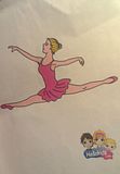 a blonde ballerina with a deep pink leotard and slippers performing a grand jeté