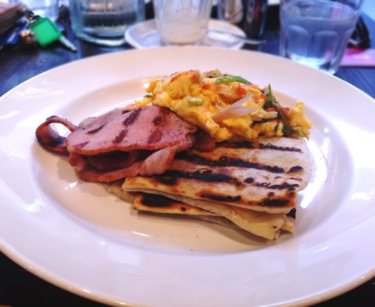 Chilli -corriander scrambled eggs, roti, charred bacon