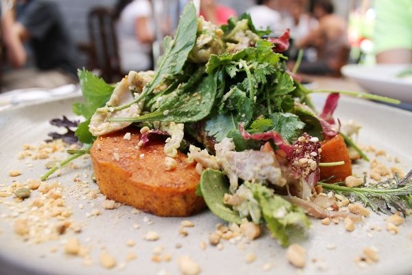 Asian drunken chicken salad, roasted sweet potato, spring onion, chili, leafs + nuts