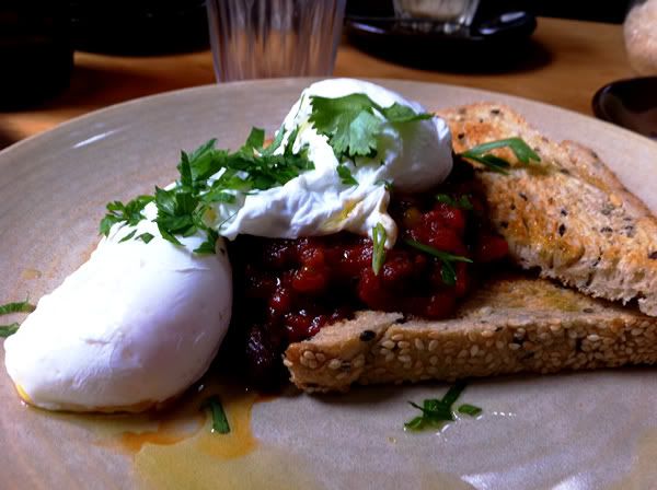 Spicy chipotle tomato beans with pancetta on toasted grain bread & your choiceof poached or fried eggs