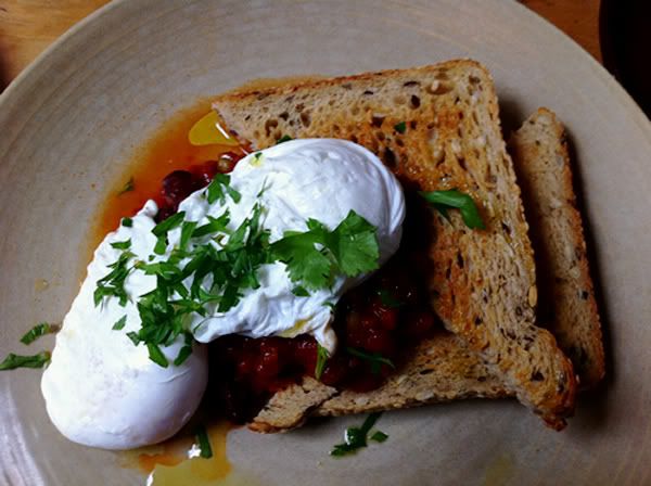 chipotle tomato beans with pancetta on toasted grain bread & your choiceof poached or fried eggs