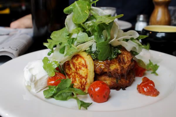 Fritters Pumpkin and Sage Fritters with grilled haloumi, rocket + fennel salad, rocket pistau